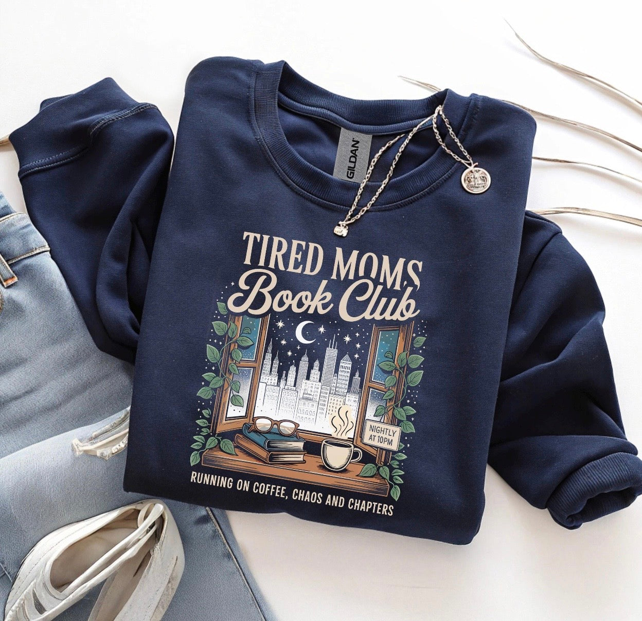 Tired Moms Book Club Navy Blue Unisex Crewneck Sweater