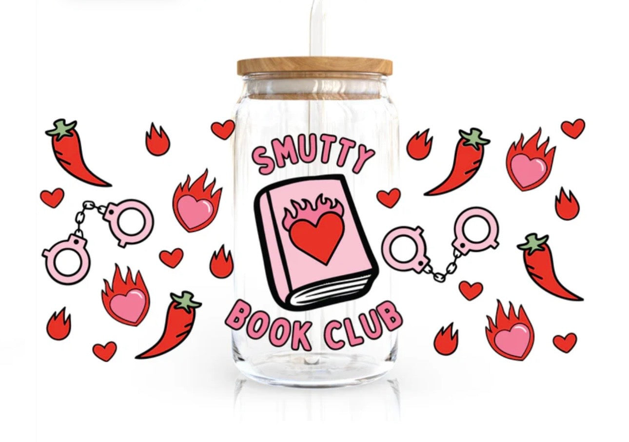 Smutty Book Club 16oz Glass Cup with Lid and Glass Straw Included