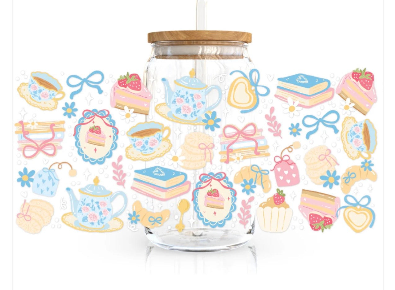 Blue Coquette Tea Time 16oz Glass Cup with Lid and Glass Straw Included