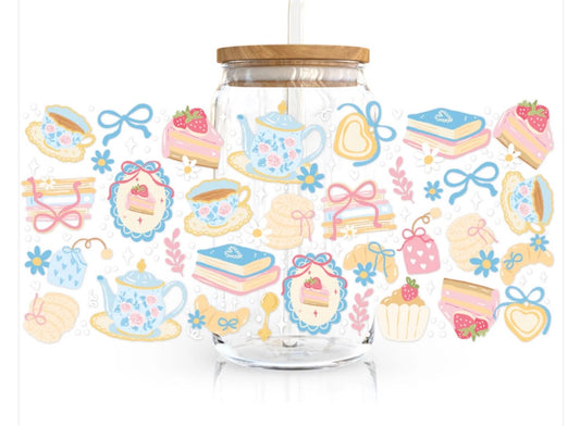 Blue Coquette Tea Time 16oz Glass Cup with Lid and Glass Straw Included