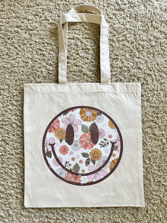 Retro Floral Smiley Face Tote Bag